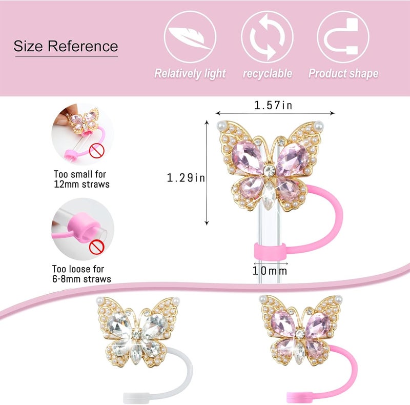SEMATA 2PCS Cute Butterfly Straw Cover Cap for Stanley Cup Accessories,Bling Crystals Straw Toppers for Stanley Tumbler 40&30 oz,Rhinestone Reusable Straws Tips Protectors Compatible with 10mm Straws - Image 2